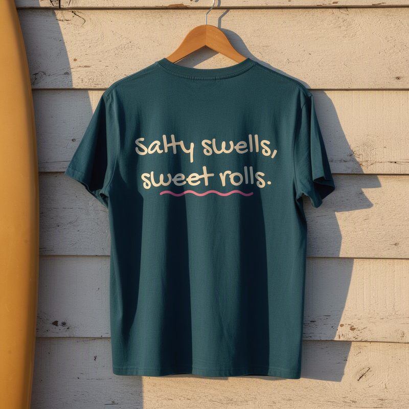 Ocean-teal tee on a hanger with Salty swells, sweet rolls. printed on the back