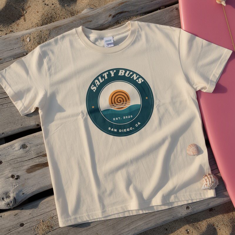 Cream tee with the Salty Buns badge on the front, laid on driftwood next to a pink surfboard